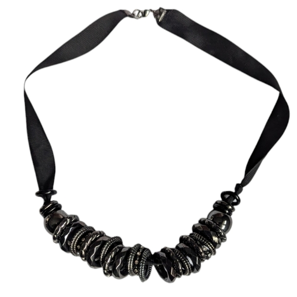 Beaded Black Ribbon Necklace Statement Boho Y2K Punk - Picture 1 of 6